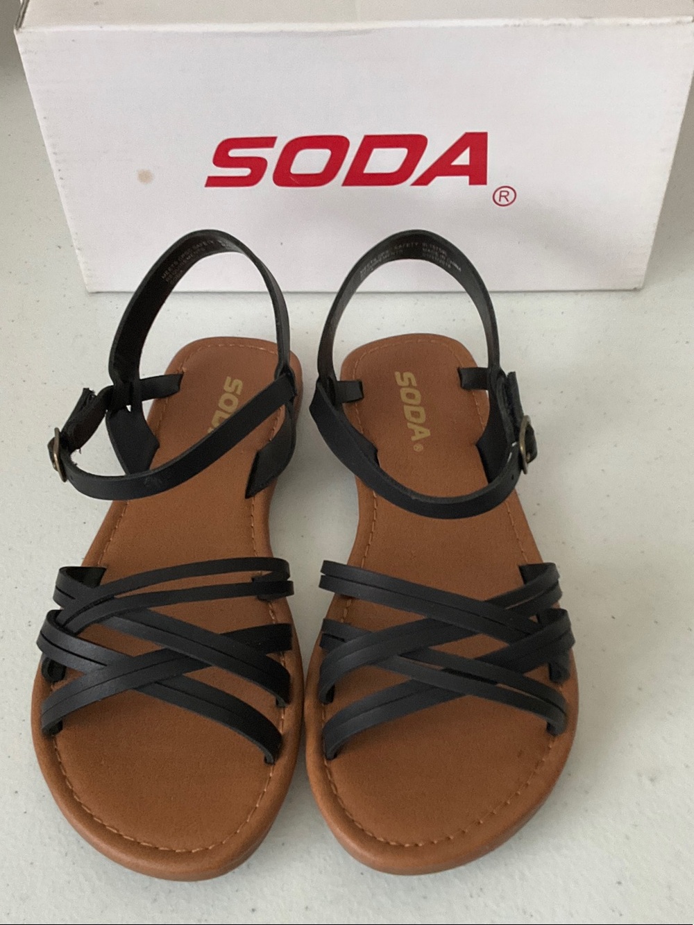 SODA Black Strappy Ankle Sandals with Tan Footbed